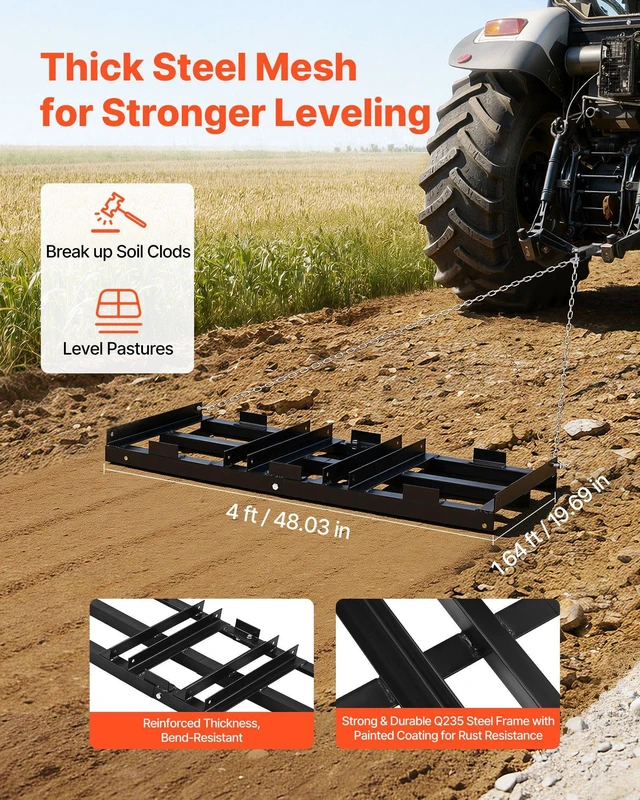 Alt view image 2 of 8 - VEVOR Drag Harrow, 48 x 20 in, Tow-Behind Driveway Grader with Adjustable Width & 50lbs Load Capacity, Heavy Duty Lawn Leveling Rake, Galvanized Steel Gravel Driveway Drag, Fits ATVs UTVs Tractors