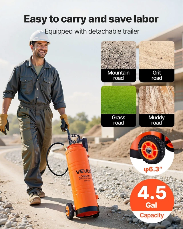 Alt view image 4 of 8 - VEVOR Industrial Sprayer, 4.5 Gallons Large Capacity, Stainless Steel Concrete Sprayer with Ergonomic Handle & Removable Cart, 48" & 120" Hose, Concrete Sealer Sprayers for Form Oils Construction