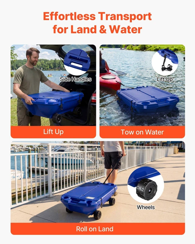 Alt view image 6 of 8 - VEVOR Floating Cooler, 40 QT Floating Ice Chest with Dry Storage, Wheels & Tow Rope, Premium LLDPE Amphibious Drink Cooler for Water & Land, Cruise Stable on Lake, River, Pool, Beach, Kayak, Deep Blue