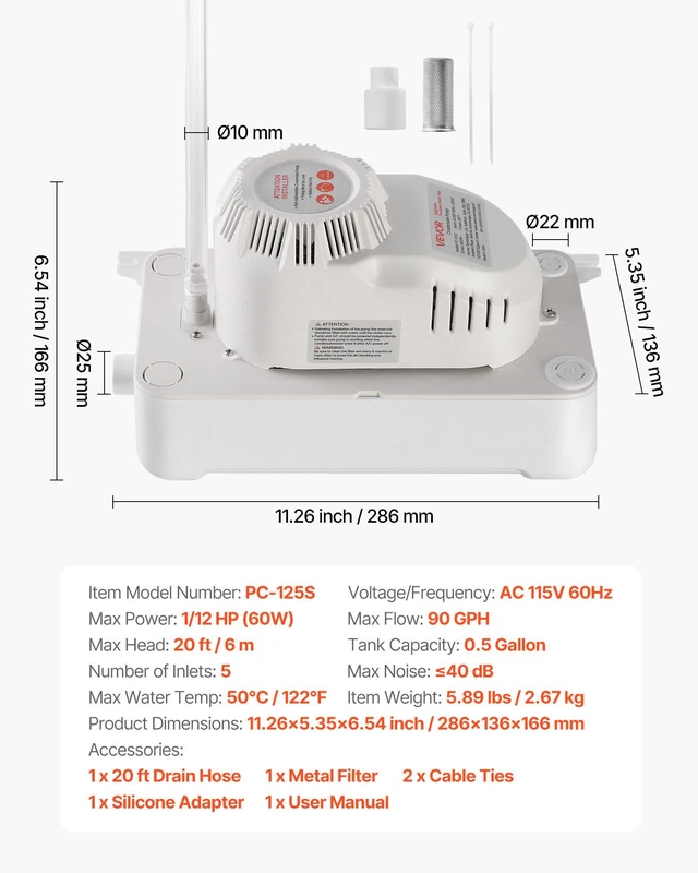 Alt view image 7 of 8 - VEVOR Condensate Pump, 1/12 HP, 90 GPH, 20 ft Lift, 115V Automatic AC Condensation Removal Pump with Safety Switch 20 ft Tubing, for Air Conditioner, Dehumidifier, HVAC, Furnace, Ice Maker Water Drain