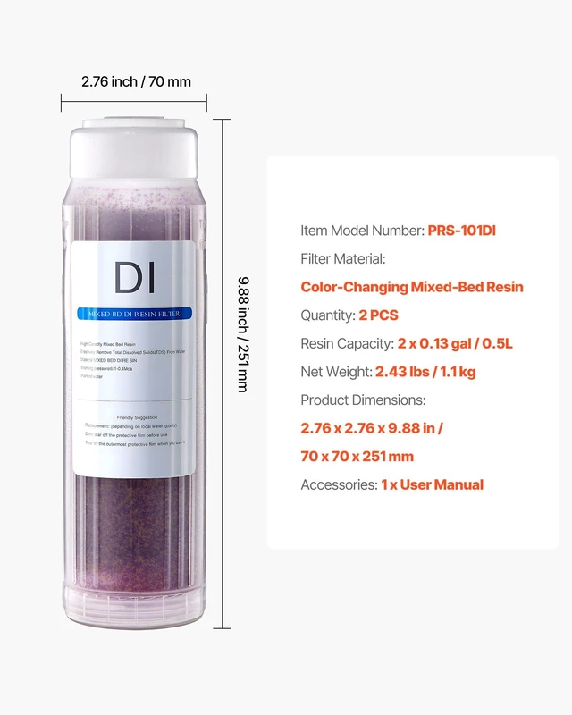 Alt view image 7 of 8 - VEVOR Deionized Filter for Spotless Car Wash System, 2 x 0.5L Color Changing DI Resin Filter Replacement - Compatible with PRS-101XC Deionized Water System for Cars RVs Windows