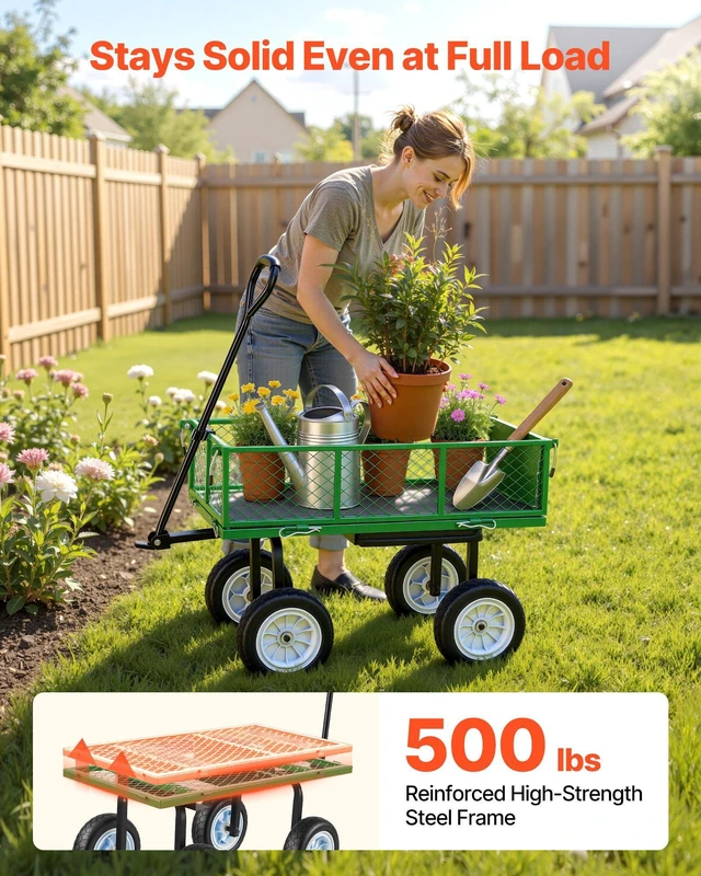 Alt view image 2 of 8 - VEVOR Garden Cart with Seat, 500 LBS, Rolling Steel Garden Work Seat with Wheels, Heavy Duty Gardening Stool, with Tool Tray & Adjustable Handle, Outdoor Yard Wagon, for Lawn, Patio, Backyard, Green
