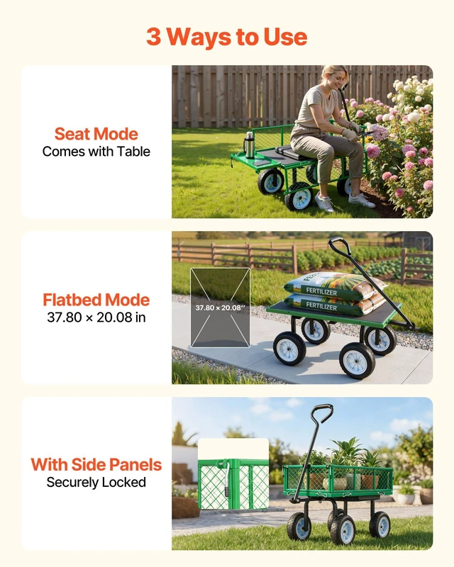 Alt view image 5 of 8 - VEVOR Garden Cart with Seat, 500 LBS, Rolling Steel Garden Work Seat with Wheels, Heavy Duty Gardening Stool, with Tool Tray & Adjustable Handle, Outdoor Yard Wagon, for Lawn, Patio, Backyard, Green