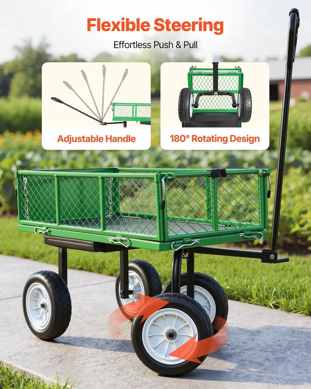Alt view image 6 of 8 - VEVOR Garden Cart with Seat, 500 LBS, Rolling Steel Garden Work Seat with Wheels, Heavy Duty Gardening Stool, with Tool Tray & Adjustable Handle, Outdoor Yard Wagon, for Lawn, Patio, Backyard, Green