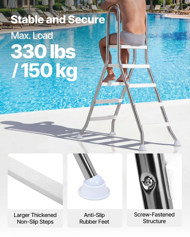 Alt view image 3 of 8 - VEVOR Above Ground Pool Ladder, Stainless Steel A-Frame Swimming Pool Stairs for 49.2 in High Wall, 330 lbs Capacity Heavy Duty Entry/Exit Steps with Secure Non-Slip 4 Steps and Platform, Silver