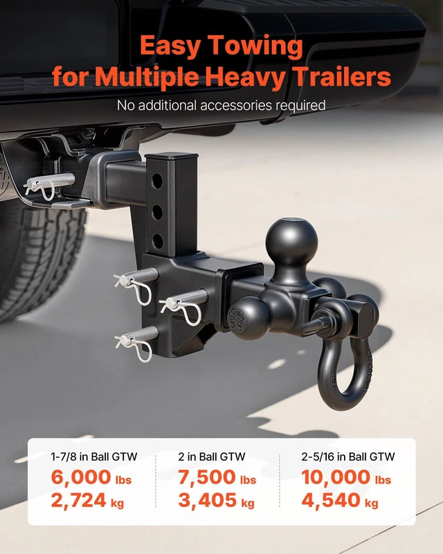 Alt view image 2 of 8 - VEVOR Trailer Hitch Tri Ball Mount with D Shackle, Fit 2 Inch Receiver, 1-7/8 Inch, 2 Inch and 2-5/16 Inch Balls, 10000 lbs GTW, 6 Inch Drop, Towing Hitch for RVs, Off-Road Vehicles and Trucks