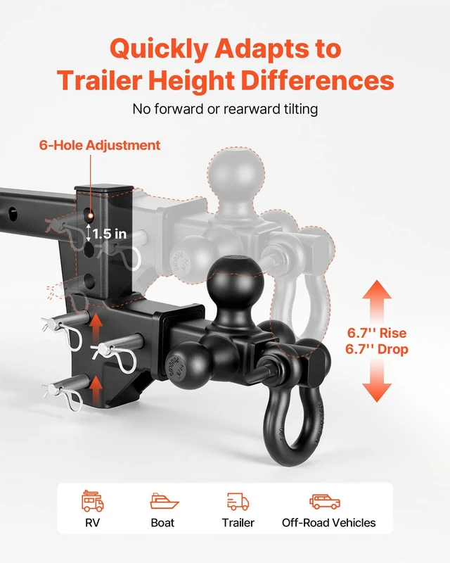 Alt view image 5 of 8 - VEVOR Trailer Hitch Tri Ball Mount with D Shackle, Fit 2 Inch Receiver, 1-7/8 Inch, 2 Inch and 2-5/16 Inch Balls, 10000 lbs GTW, 6 Inch Drop, Towing Hitch for RVs, Off-Road Vehicles and Trucks