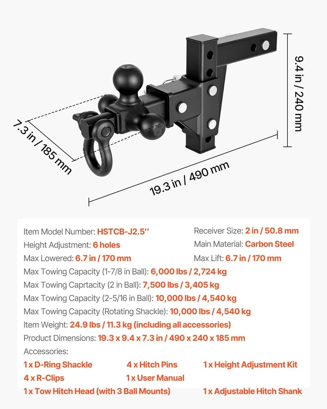 Alt view image 7 of 8 - VEVOR Trailer Hitch Tri Ball Mount with D Shackle, Fit 2 Inch Receiver, 1-7/8 Inch, 2 Inch and 2-5/16 Inch Balls, 10000 lbs GTW, 6 Inch Drop, Towing Hitch for RVs, Off-Road Vehicles and Trucks
