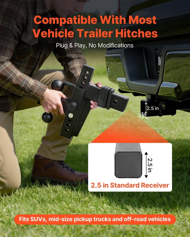 Alt view image 3 of 8 - VEVOR Adjustable Trailer Hitch, Fit 2.5 Inch Receiver, Trailer Hitch Mount with 2 Inch & 2-5/16 Inch Balls, 21000 lbs GTW, 9 Inch Drop, Towing Ball Mounts for RVs, Off-Road Vehicles and Trucks, Black