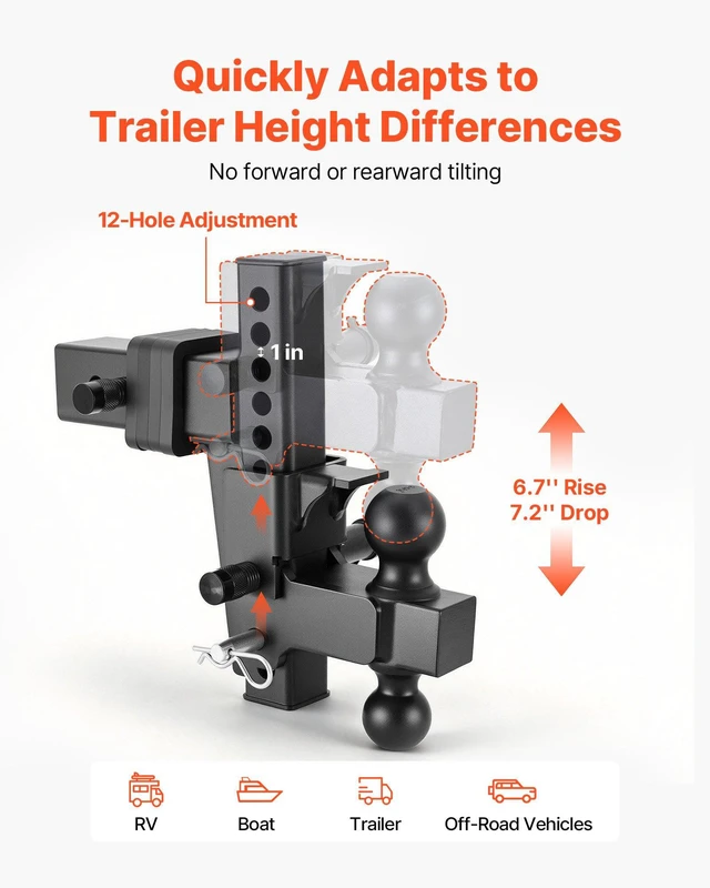 Alt view image 4 of 8 - VEVOR Adjustable Trailer Hitch, Fit 2.5 Inch Receiver, Trailer Hitch Mount with 2 Inch & 2-5/16 Inch Balls, 21000 lbs GTW, 9 Inch Drop, Towing Ball Mounts for RVs, Off-Road Vehicles and Trucks, Black