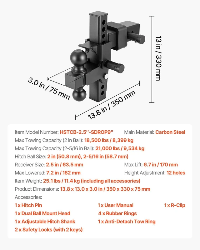 Alt view image 7 of 8 - VEVOR Adjustable Trailer Hitch, Fit 2.5 Inch Receiver, Trailer Hitch Mount with 2 Inch & 2-5/16 Inch Balls, 21000 lbs GTW, 9 Inch Drop, Towing Ball Mounts for RVs, Off-Road Vehicles and Trucks, Black