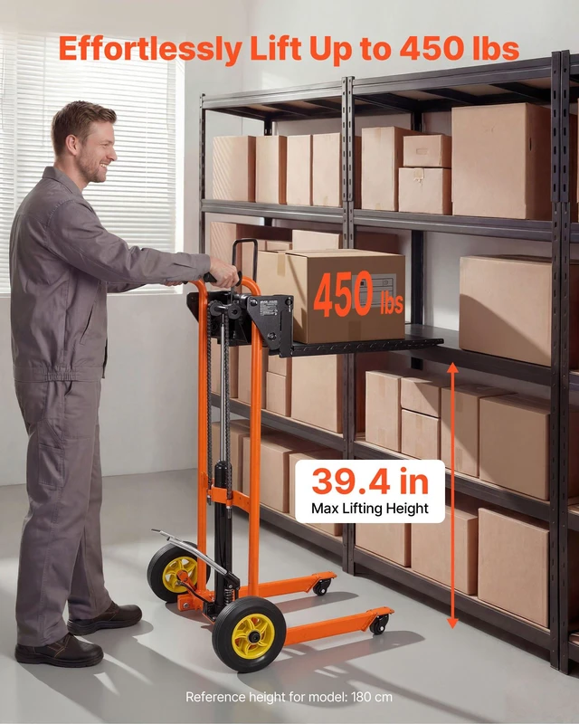 Alt view image 2 of 8 - VEVOR Hydraulic Material Lift Winch Stacker, 450 lbs Load Capacity, Pallet Truck Dolly with Fork Lift Table, 39.4 Inches Max Lifting Height, Foldable & Portable Pallet Jack Table Cart, Orange & Black