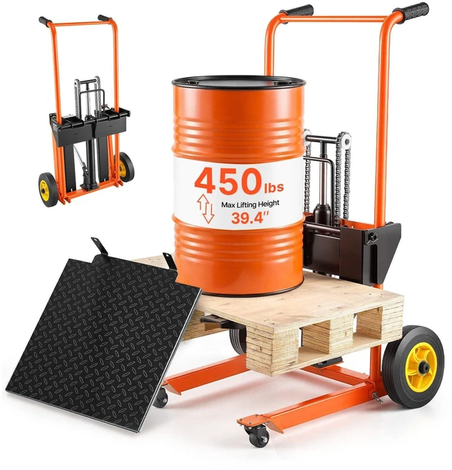 Main image of VEVOR Hydraulic Material Lift Winch Stacker, 450 lbs Load Capacity, Pallet Truck Dolly with Fork Lift Table, 39.4 Inches Max Lifting Height, Foldable & Portable Pallet Jack Table Cart, Orange & Black