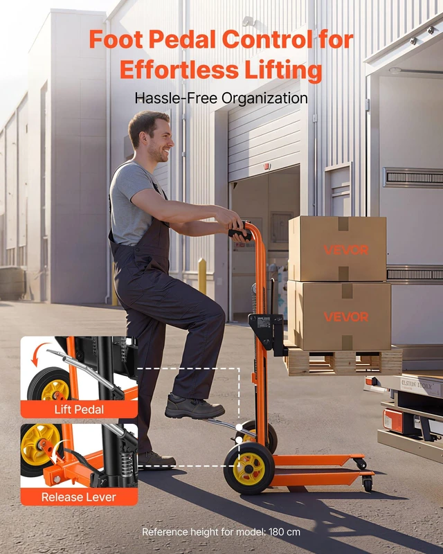 Alt view image 4 of 8 - VEVOR Hydraulic Material Lift Winch Stacker, 450 lbs Load Capacity, Pallet Truck Dolly with Fork Lift Table, 39.4 Inches Max Lifting Height, Foldable & Portable Pallet Jack Table Cart, Orange & Black