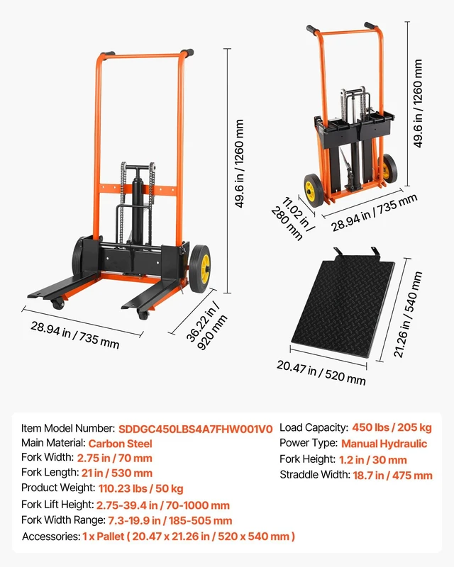 Alt view image 7 of 8 - VEVOR Hydraulic Material Lift Winch Stacker, 450 lbs Load Capacity, Pallet Truck Dolly with Fork Lift Table, 39.4 Inches Max Lifting Height, Foldable & Portable Pallet Jack Table Cart, Orange & Black