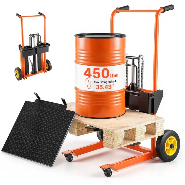 Main image of VEVOR Hydraulic Material Lift Winch Stacker, 450 lbs Load Capacity, Pallet Truck Dolly with Fork Lift Table, 35.4 Inches Max Lifting Height, Foldable & Portable Pallet Jack Table Cart, Orange & Black