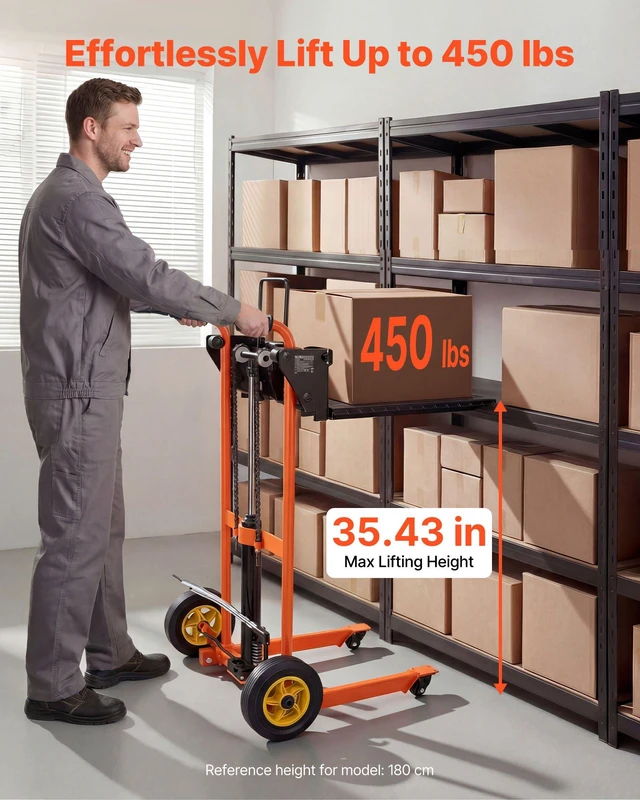 Alt view image 2 of 8 - VEVOR Hydraulic Material Lift Winch Stacker, 450 lbs Load Capacity, Pallet Truck Dolly with Fork Lift Table, 35.4 Inches Max Lifting Height, Foldable & Portable Pallet Jack Table Cart, Orange & Black