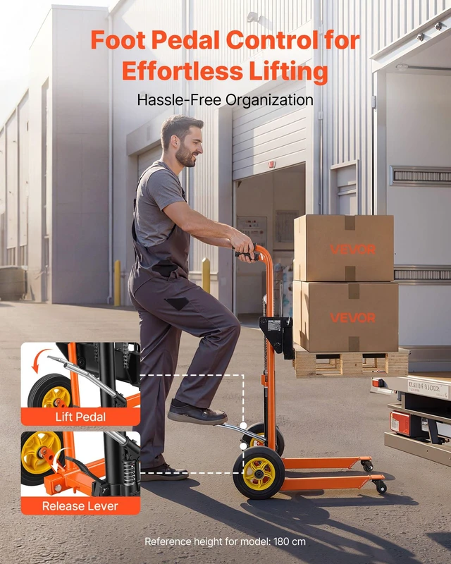 Alt view image 4 of 8 - VEVOR Hydraulic Material Lift Winch Stacker, 450 lbs Load Capacity, Pallet Truck Dolly with Fork Lift Table, 35.4 Inches Max Lifting Height, Foldable & Portable Pallet Jack Table Cart, Orange & Black