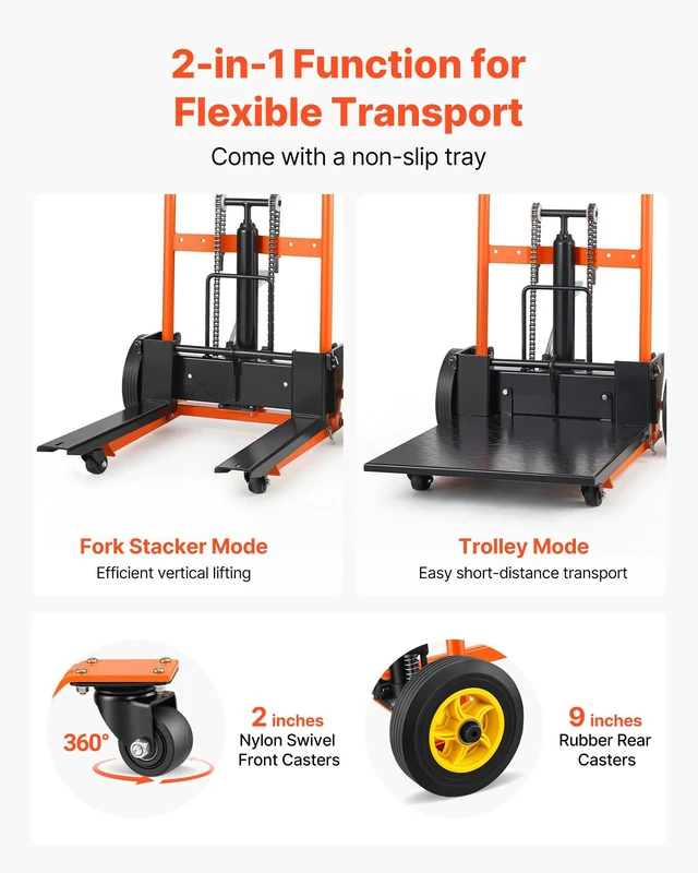 Alt view image 5 of 8 - VEVOR Hydraulic Material Lift Winch Stacker, 450 lbs Load Capacity, Pallet Truck Dolly with Fork Lift Table, 35.4 Inches Max Lifting Height, Foldable & Portable Pallet Jack Table Cart, Orange & Black