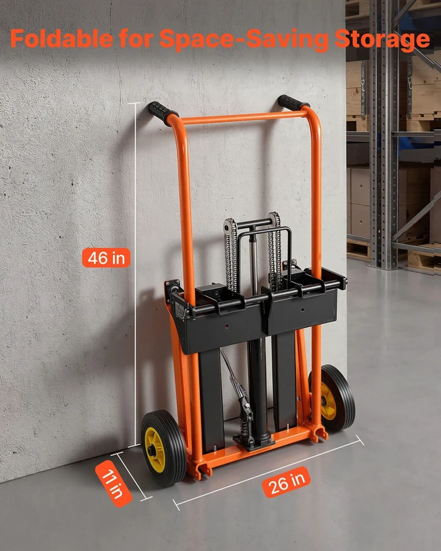 Alt view image 6 of 8 - VEVOR Hydraulic Material Lift Winch Stacker, 450 lbs Load Capacity, Pallet Truck Dolly with Fork Lift Table, 35.4 Inches Max Lifting Height, Foldable & Portable Pallet Jack Table Cart, Orange & Black