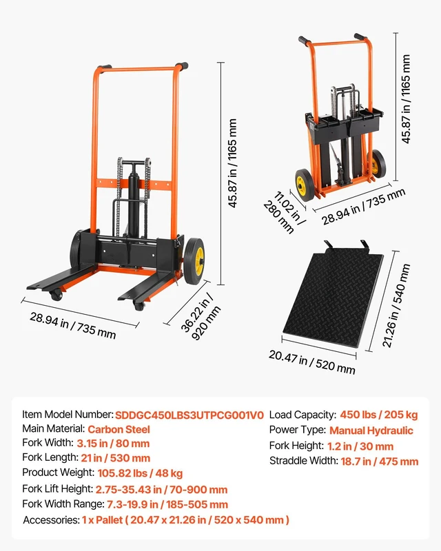 Alt view image 7 of 8 - VEVOR Hydraulic Material Lift Winch Stacker, 450 lbs Load Capacity, Pallet Truck Dolly with Fork Lift Table, 35.4 Inches Max Lifting Height, Foldable & Portable Pallet Jack Table Cart, Orange & Black