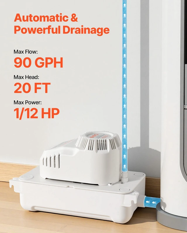 Alt view image 2 of 8 - VEVOR Condensate Pump, 1/12 HP, 90 GPH, 20 ft Lift, 115V Automatic AC Condensation Removal Pump with Safety Switch 20 ft Tubing, for Air Conditioner, Dehumidifier, HVAC, Furnace, Ice Maker Water Drain