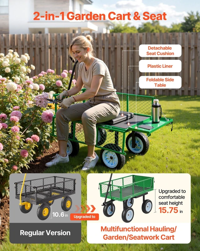 Alt view image 3 of 8 - VEVOR Garden Cart with Seat, 500 LBS, Rolling Steel Garden Work Seat with Wheels, Heavy Duty Gardening Stool, with Tool Tray & Adjustable Handle, Outdoor Yard Wagon, for Lawn, Patio, Backyard, Green
