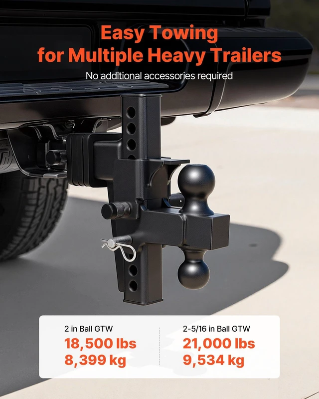 Alt view image 2 of 8 - VEVOR Adjustable Trailer Hitch, Fit 2.5 Inch Receiver, Trailer Hitch Mount with 2 Inch & 2-5/16 Inch Balls, 21000 lbs GTW, 9 Inch Drop, Towing Ball Mounts for RVs, Off-Road Vehicles and Trucks, Black
