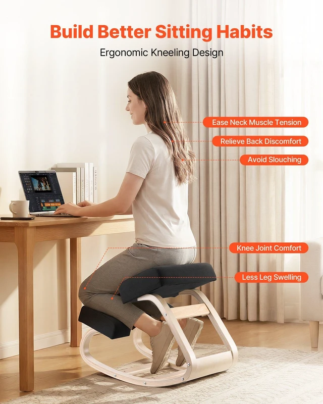 Alt view image 2 of 8 - VEVOR Ergonomic Kneeling Chair, Wooden Posture Knee Chair with Thick Foam Cushions and Solid Wood Frame, Adjustable Height, Natural Relief for Neck or Back Pain, Ideal for Home, Office or Meditation