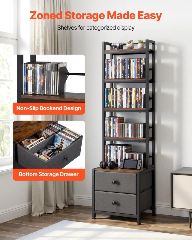 Alt view image 2 of 8 - VEVOR Media Storage Cabinet, 4-Shelf DVD Shelf Organizer with Drawers, 15.75 x 11.81 x 56.50 in Multimedia Storage Organizer for CDs, DVDs, Books and Games, CD Cabinet for Living Room, Home Office