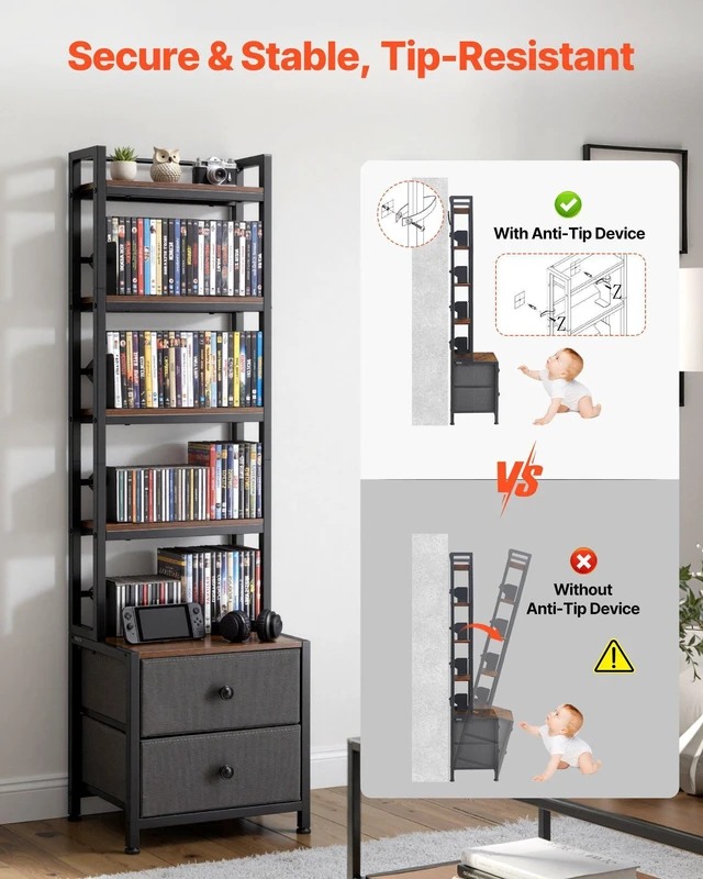 Alt view image 4 of 8 - VEVOR Media Storage Cabinet, 4-Shelf DVD Shelf Organizer with Drawers, 15.75 x 11.81 x 56.50 in Multimedia Storage Organizer for CDs, DVDs, Books and Games, CD Cabinet for Living Room, Home Office