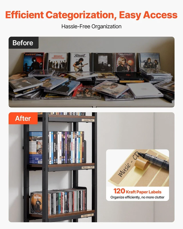Alt view image 5 of 8 - VEVOR Media Storage Cabinet, 4-Shelf DVD Shelf Organizer with Drawers, 15.75 x 11.81 x 56.50 in Multimedia Storage Organizer for CDs, DVDs, Books and Games, CD Cabinet for Living Room, Home Office