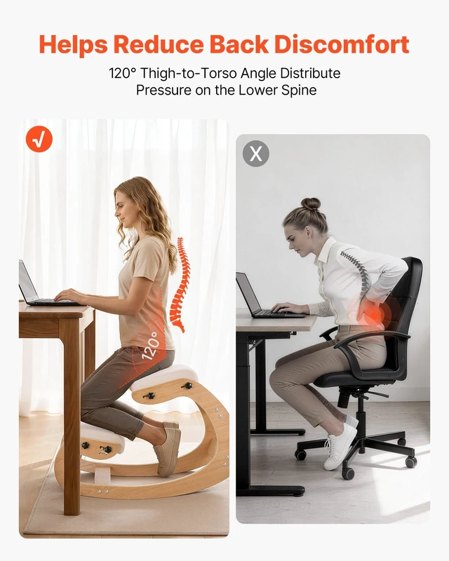 Alt view image 3 of 8 - VEVOR Ergonomic Kneeling Chair, Wooden Posture Knee Chair with Adjustable Thick Foam Cushions & Solid Wood Frame, Adjustable Height, Relief for Neck or Back Pain for Home, Office or Meditation, Beige