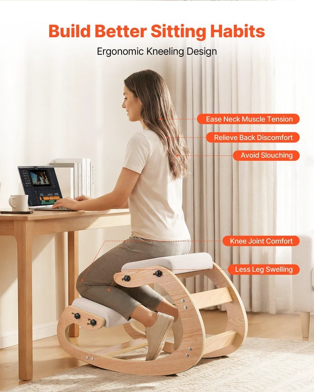 Alt view image 2 of 8 - VEVOR Ergonomic Kneeling Chair, Wooden Posture Knee Chair with Adjustable Thick Foam Cushions & Solid Wood Frame, Adjustable Height, Relief for Neck or Back Pain for Home, Office or Meditation, Beige