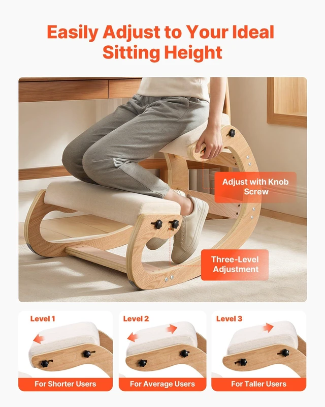 Alt view image 4 of 8 - VEVOR Ergonomic Kneeling Chair, Wooden Posture Knee Chair with Adjustable Thick Foam Cushions & Solid Wood Frame, Adjustable Height, Relief for Neck or Back Pain for Home, Office or Meditation, Beige
