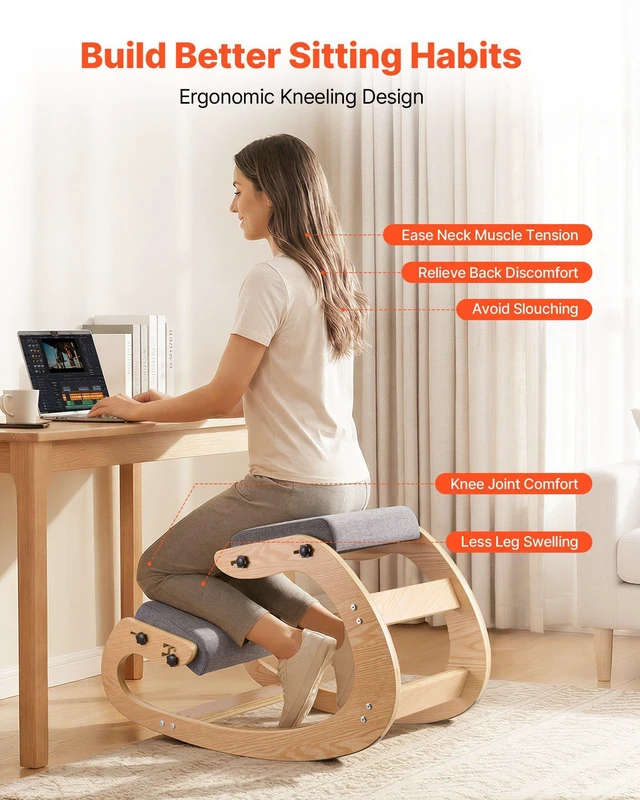 Alt view image 2 of 8 - VEVOR Ergonomic Kneeling Chair, Wooden Posture Knee Chair with Adjustable Thick Foam Cushions & Solid Wood Frame, Adjustable Height, Relief for Neck or Back Pain for Home, Office or Meditation, Gray