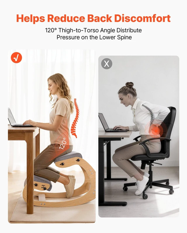 Alt view image 3 of 8 - VEVOR Ergonomic Kneeling Chair, Wooden Posture Knee Chair with Adjustable Thick Foam Cushions & Solid Wood Frame, Adjustable Height, Relief for Neck or Back Pain for Home, Office or Meditation, Gray
