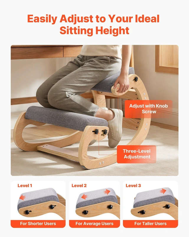 Alt view image 4 of 8 - VEVOR Ergonomic Kneeling Chair, Wooden Posture Knee Chair with Adjustable Thick Foam Cushions & Solid Wood Frame, Adjustable Height, Relief for Neck or Back Pain for Home, Office or Meditation, Gray
