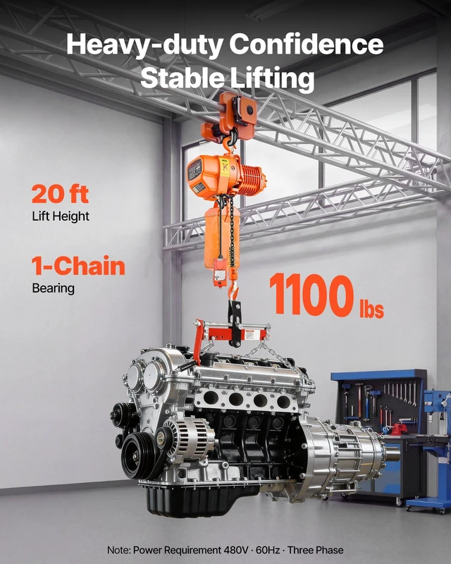 Alt view image 2 of 8 - VEVOR 1100 lbs Electric Chain Hoist, 20 ft Lifting Height, Three-Phase Overhead Crane with 328 ft Wireless & 15 ft Wired Remote Control, Single G80 Chain Hoist for Factories, Warehouses, Garages