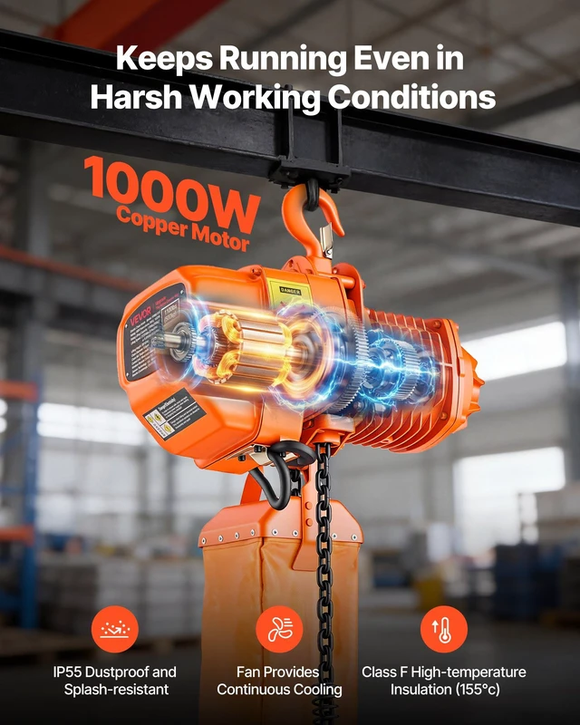 Alt view image 6 of 8 - VEVOR 1100 lbs Electric Chain Hoist, 20 ft Lifting Height, Three-Phase Overhead Crane with 328 ft Wireless & 15 ft Wired Remote Control, Single G80 Chain Hoist for Factories, Warehouses, Garages