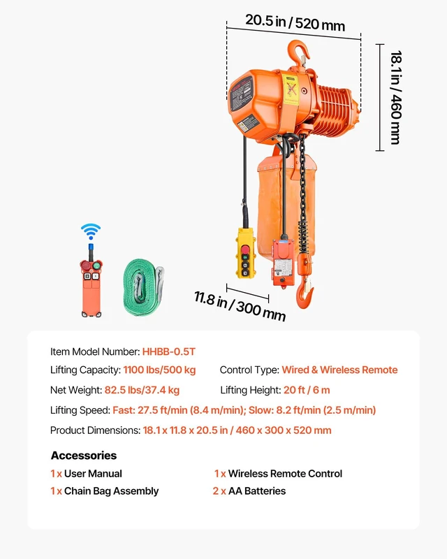 Alt view image 7 of 8 - VEVOR 1100 lbs Electric Chain Hoist, 20 ft Lifting Height, Three-Phase Overhead Crane with 328 ft Wireless & 15 ft Wired Remote Control, Single G80 Chain Hoist for Factories, Warehouses, Garages