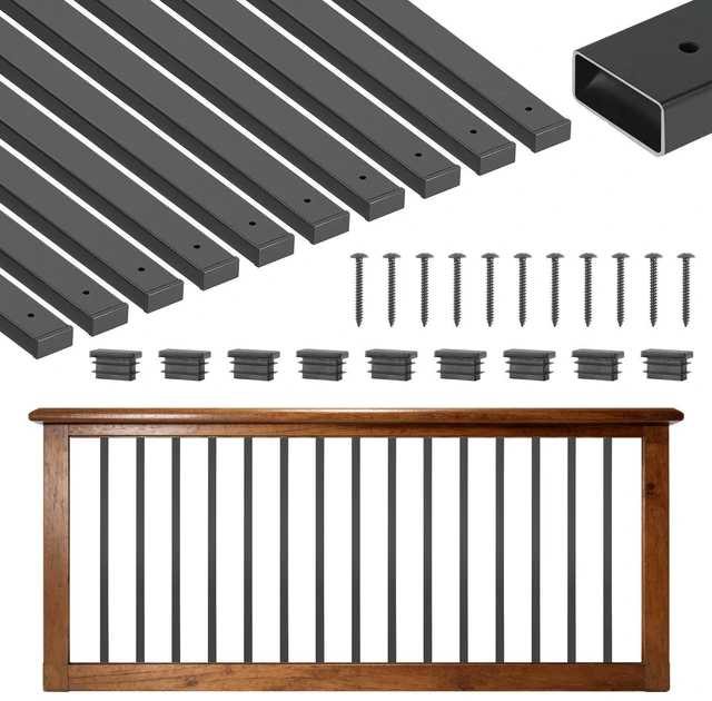 Main image of VEVOR 61 Pack Deck Balusters, 32.28 in Galvanized Steel Railing Spindles, Hollow Rectangle Metal Decking Stair Balusters with Pre-Drilled Hole, End Caps, Screws, for Deck, Porch & Stair Railing, Black