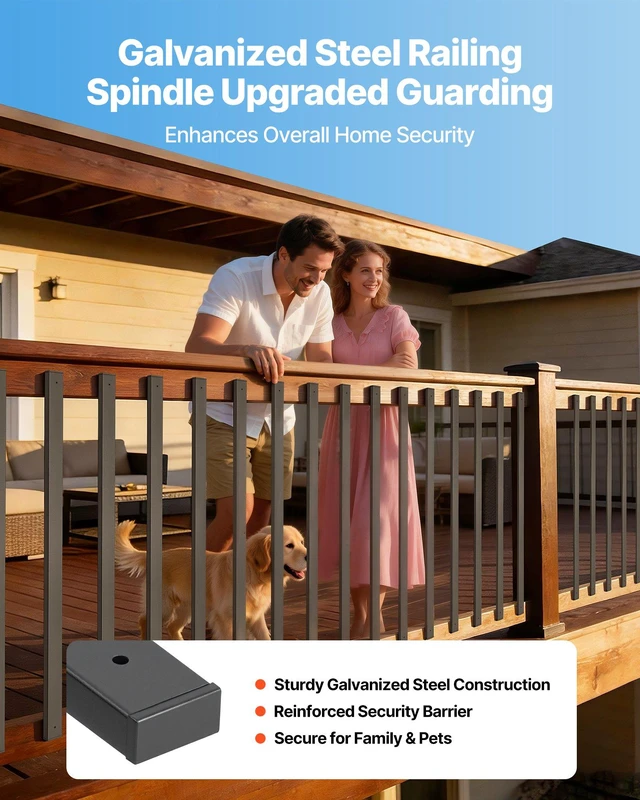 Alt view image 2 of 8 - VEVOR 61 Pack Deck Balusters, 32.28 in Galvanized Steel Railing Spindles, Hollow Rectangle Metal Decking Stair Balusters with Pre-Drilled Hole, End Caps, Screws, for Deck, Porch & Stair Railing, Black