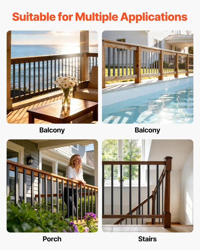Alt view image 6 of 8 - VEVOR 61 Pack Deck Balusters, 32.28 in Galvanized Steel Railing Spindles, Hollow Rectangle Metal Decking Stair Balusters with Pre-Drilled Hole, End Caps, Screws, for Deck, Porch & Stair Railing, Black