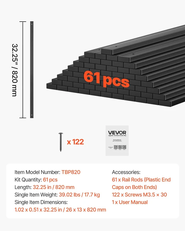 Alt view image 7 of 8 - VEVOR 61 Pack Deck Balusters, 32.28 in Galvanized Steel Railing Spindles, Hollow Rectangle Metal Decking Stair Balusters with Pre-Drilled Hole, End Caps, Screws, for Deck, Porch & Stair Railing, Black