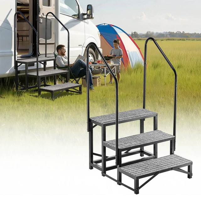 Main image of VEVOR RV Steps with Dual Handrails, 3 Steps, 660 lbs Load Capacity, Heavy Duty Outdoor RV Stairs with Non-Slip Mat for Elderly/Pets, Portable Stairs for Hot Tub, Camper, Mobile Home, Porch, Pool, SPA