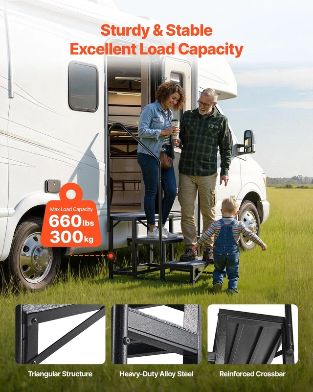 Alt view image 2 of 8 - VEVOR RV Steps with Dual Handrails, 3 Steps, 660 lbs Load Capacity, Heavy Duty Outdoor RV Stairs with Non-Slip Mat for Elderly/Pets, Portable Stairs for Hot Tub, Camper, Mobile Home, Porch, Pool, SPA