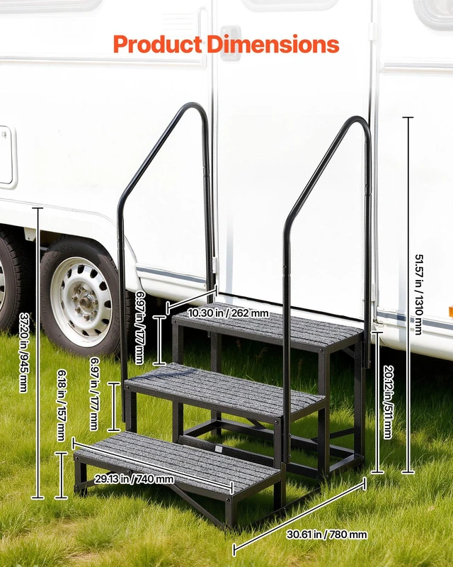 Alt view image 3 of 8 - VEVOR RV Steps with Dual Handrails, 3 Steps, 660 lbs Load Capacity, Heavy Duty Outdoor RV Stairs with Non-Slip Mat for Elderly/Pets, Portable Stairs for Hot Tub, Camper, Mobile Home, Porch, Pool, SPA