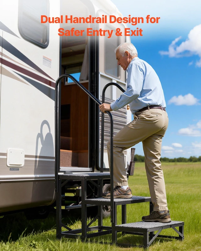 Alt view image 4 of 8 - VEVOR RV Steps with Dual Handrails, 3 Steps, 660 lbs Load Capacity, Heavy Duty Outdoor RV Stairs with Non-Slip Mat for Elderly/Pets, Portable Stairs for Hot Tub, Camper, Mobile Home, Porch, Pool, SPA