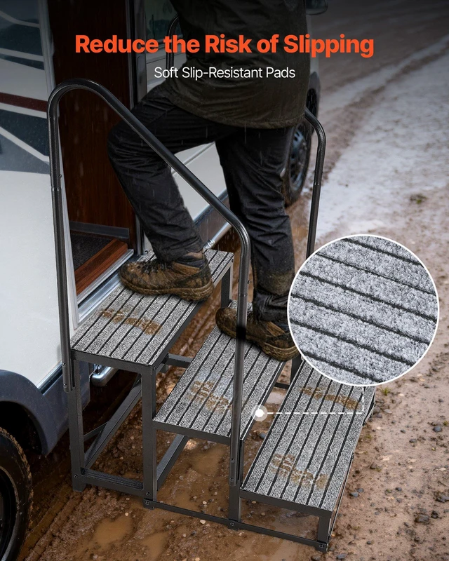 Alt view image 5 of 8 - VEVOR RV Steps with Dual Handrails, 3 Steps, 660 lbs Load Capacity, Heavy Duty Outdoor RV Stairs with Non-Slip Mat for Elderly/Pets, Portable Stairs for Hot Tub, Camper, Mobile Home, Porch, Pool, SPA